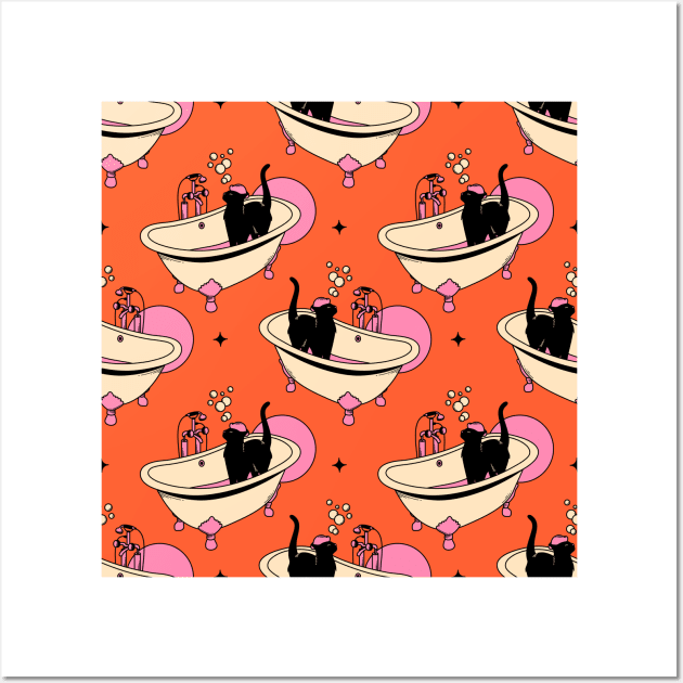 Spa Day Black Cat Pattern in orange Wall Art by The Charcoal Cat Co.